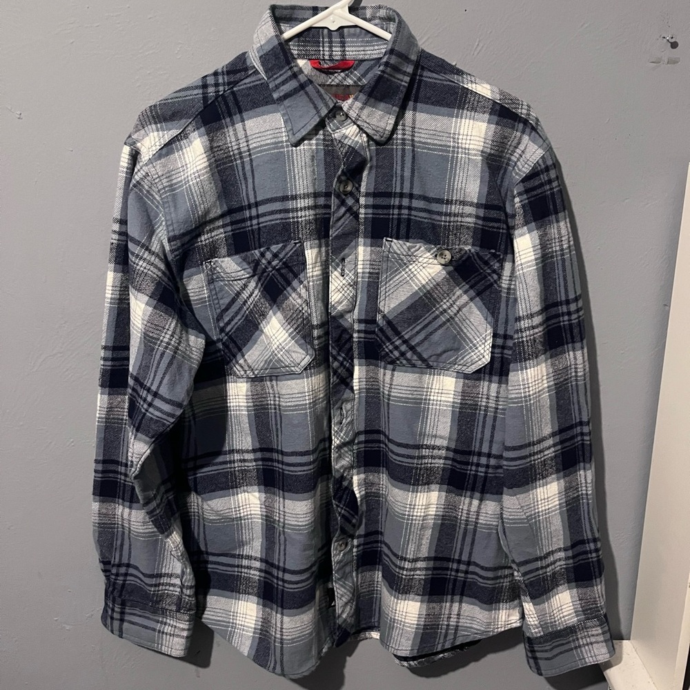 Men's Blue and White Plaid Flannel Shirt